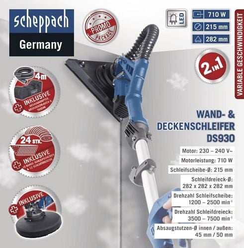 Scheppach Wand- und Deckenschleifer "DS930" inkl. Wechselkopfsystem