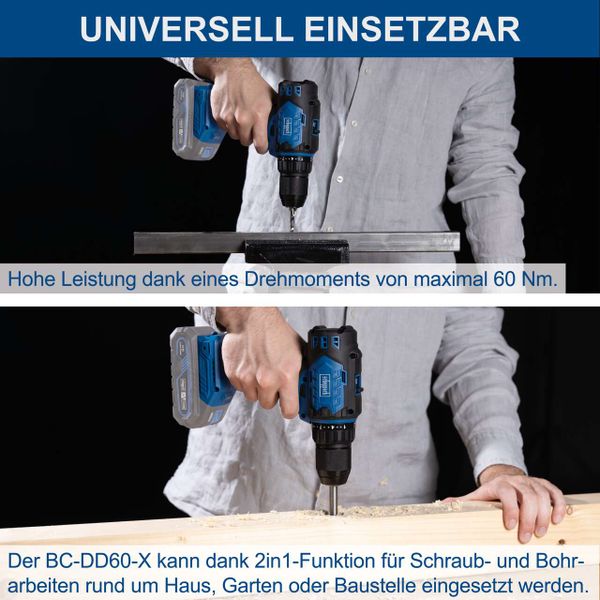 Scheppach Akku-Bohrschrauber BC-DD60-X | Brushless | Drehmoment 60Nm | Drehmomentstufen 25+1 | LED
