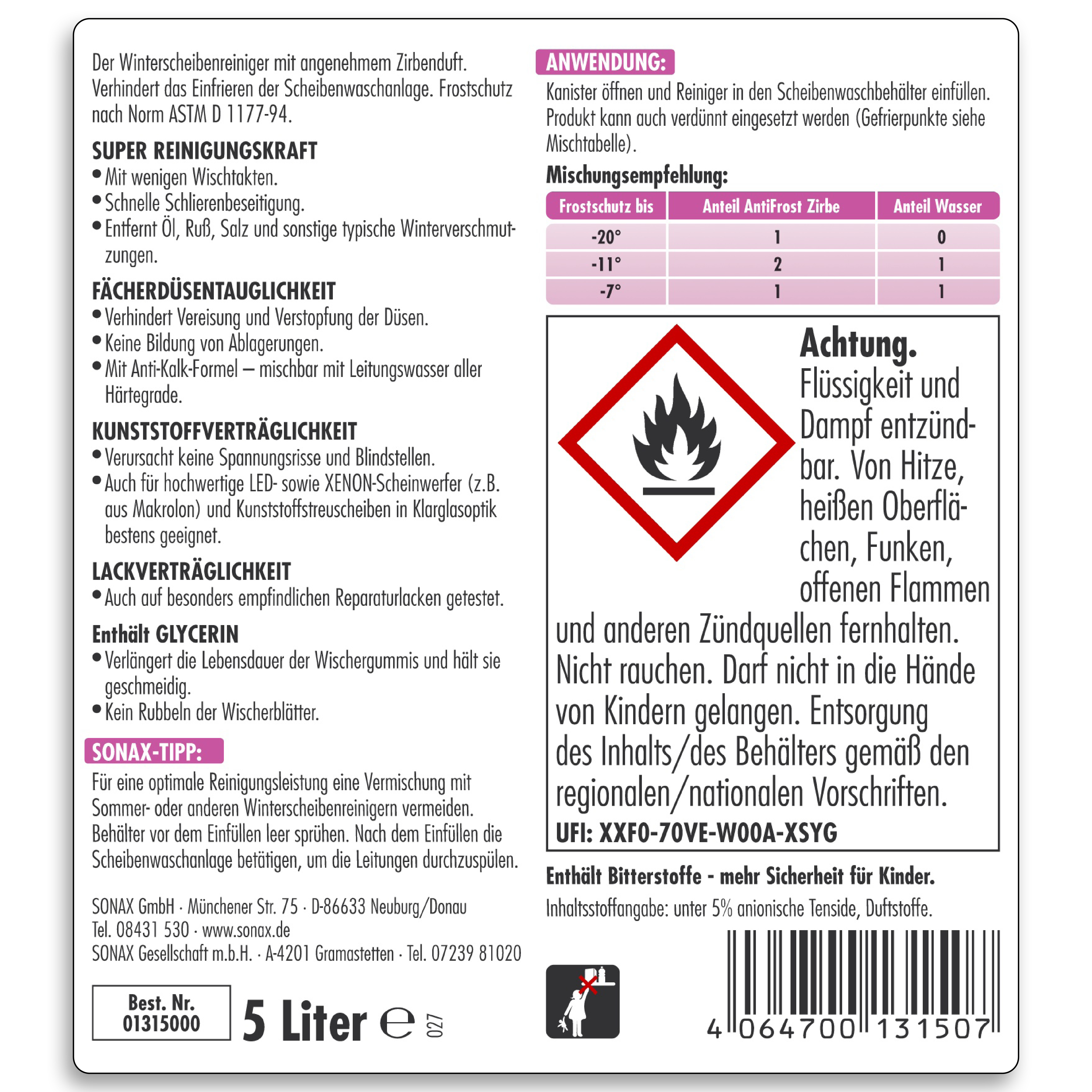 SONAX 01315000  AntiFrost+KlarSicht bis -20 °C Zirbe 5 l