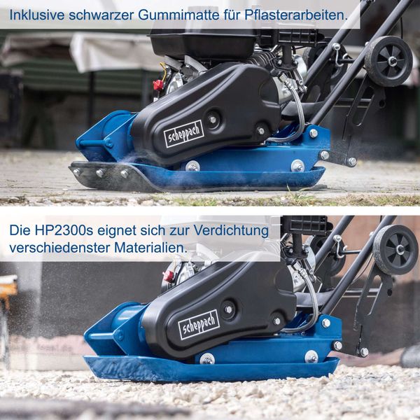 Scheppach Rüttelplatte HP2300S - 13 kN 5,6PS | 82 kg | 30cm Verdichtung | Matte & Fahrvorrichtung