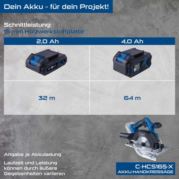 Scheppach Akku-Handkreissäge C-HCS165-X | Sägeblatt Ø165mm | Schnitttiefe max. 53mm bei 45° | LED