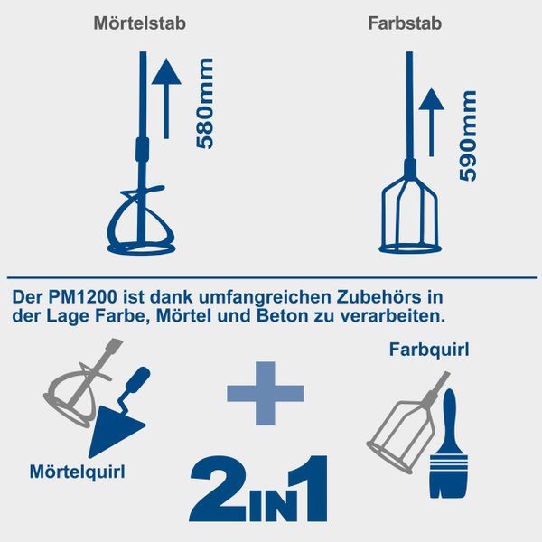 Scheppach Handrührgerät PM1200 - 1200W | bis 700 min-1 Drehzahlregulierung | Mörtel | Putz | Farbe | inkl. Mörtelquirl u. Farbquirl